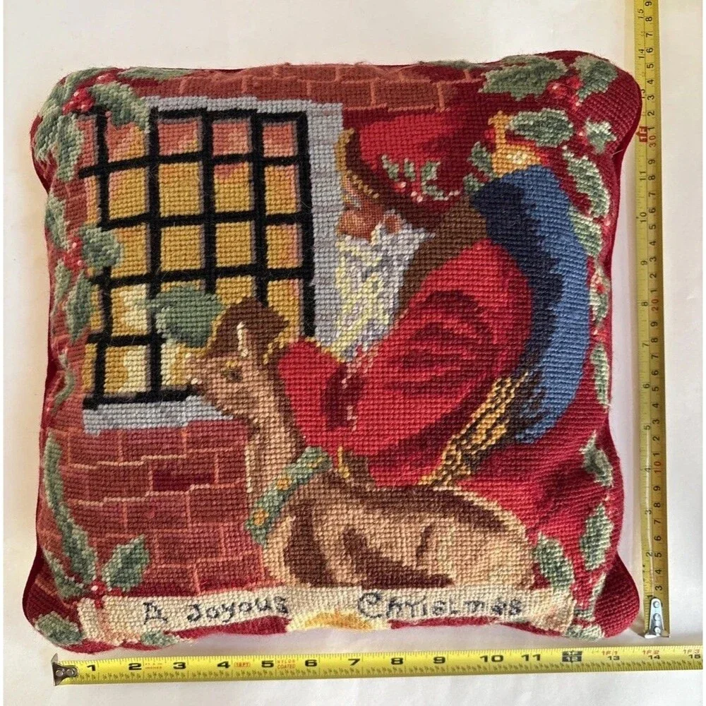 Vintage Crewel A JOYOUS CHRISTMAS Pillow W/Removable Zip Cover 13”x13”